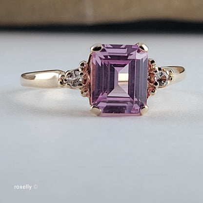 10K Yellow Gold Pink Sapphire & White Tourmaline Ring Size 8 - Solid Gold!