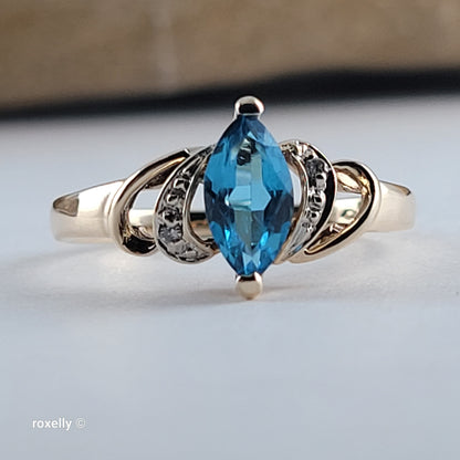 10K Yellow Gold Blue Topaz and Genuine Diamonds Ring Size 6.5 - Solid Gold