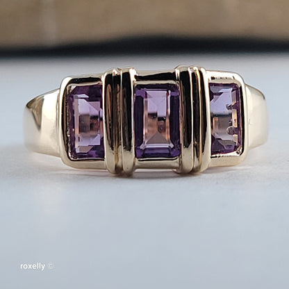 14K Yellow Gold Purple Amethyst Gemstones Ring Size 6.5 - Solid Gold
