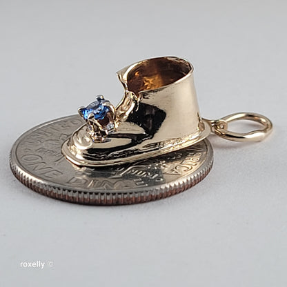 Vintage 14K Yellow Gold Blue Sapphire & Baby Booty Shoe Charm - Solid Gold