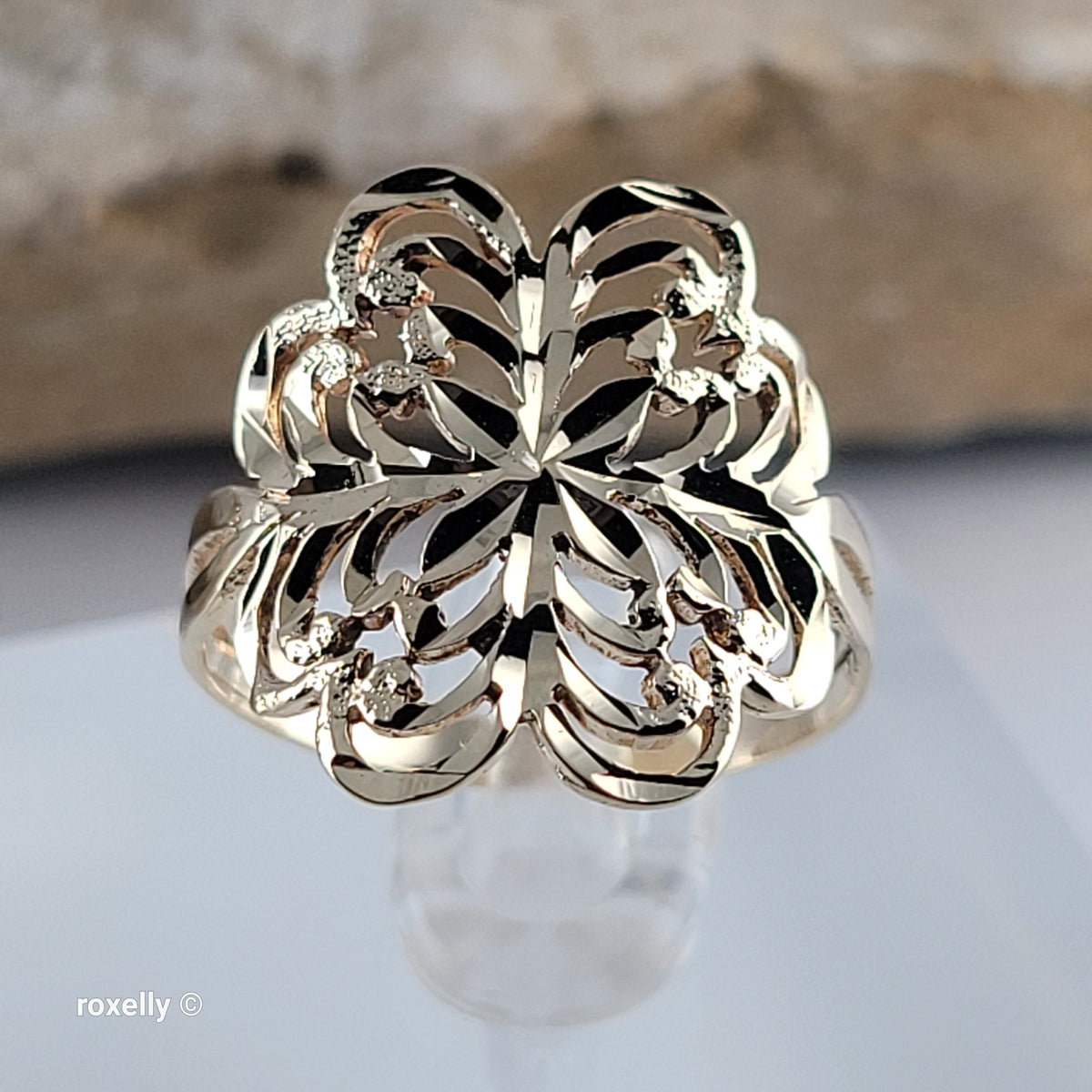 14K Yellow Gold Diamond-Cut Flower Ring Size 7.25 - Solid Gold