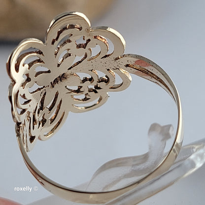 14K Yellow Gold Diamond-Cut Flower Ring Size 7.25 - Solid Gold