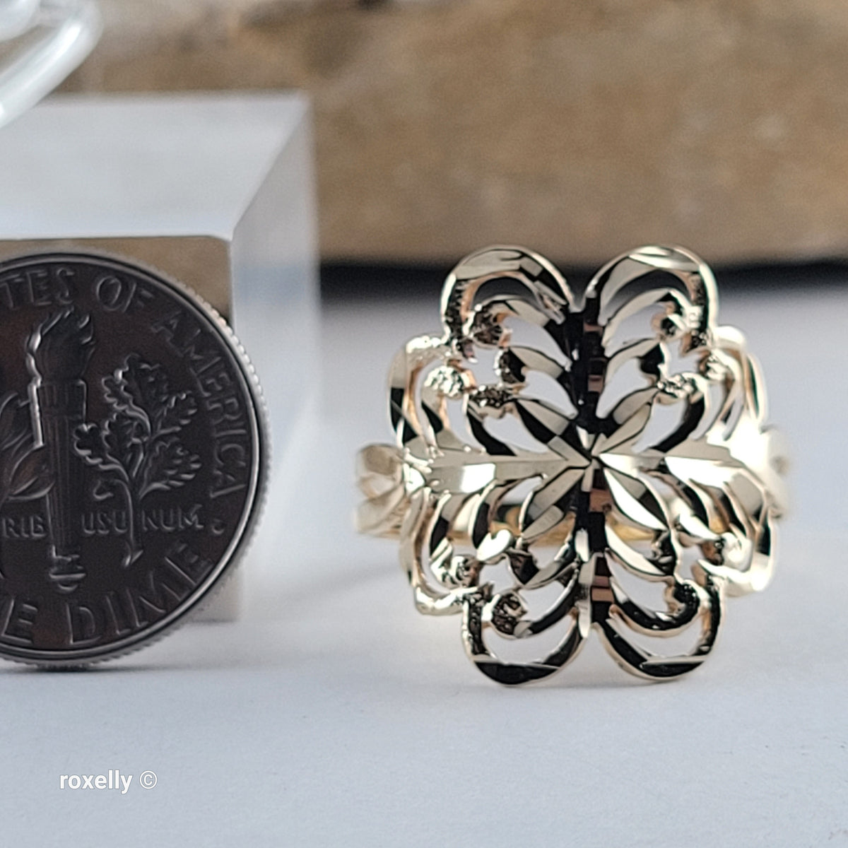 14K Yellow Gold Diamond-Cut Flower Ring Size 7.25 - Solid Gold