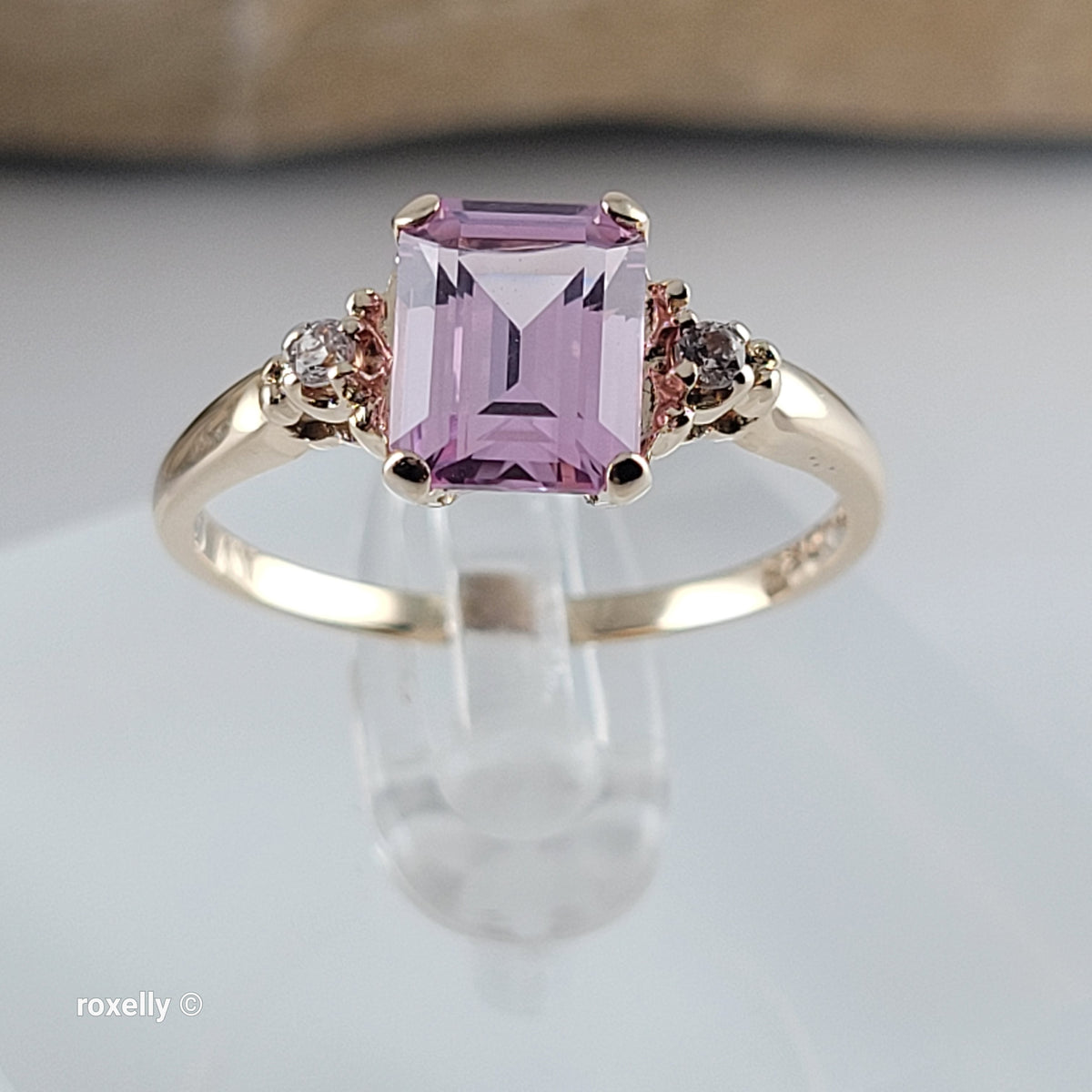 10K Yellow Gold Pink Sapphire & White Tourmaline Ring Size 8 - Solid Gold!