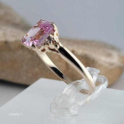 10K Yellow Gold Pink Sapphire & White Tourmaline Ring Size 8 - Solid Gold!