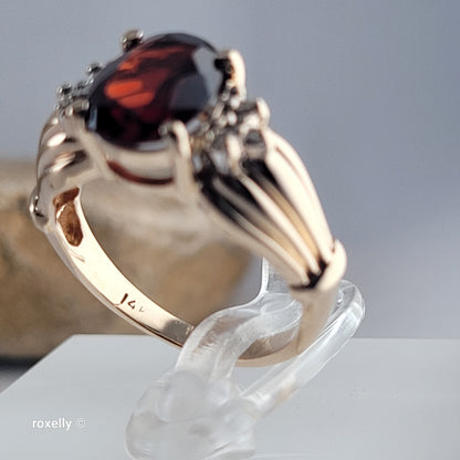 14K Yellow Gold Garnet and Genuine Diamonds Ring Size 5.5 - Solid Gold