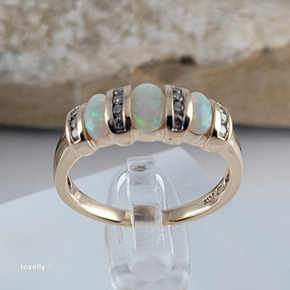 14K Yellow Gold Fire Opal and Genuine Diamonds Ring Size 7 - Solid Gold