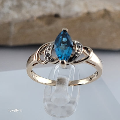 10K Yellow Gold Blue Topaz and Genuine Diamonds Ring Size 6.5 - Solid Gold