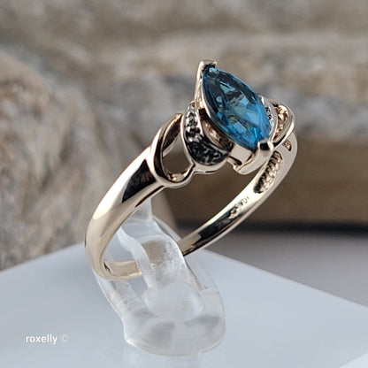 10K Yellow Gold Blue Topaz and Genuine Diamonds Ring Size 6.5 - Solid Gold