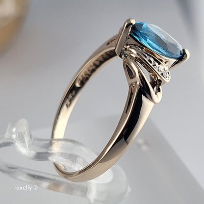 10K Yellow Gold Blue Topaz and Genuine Diamonds Ring Size 6.5 - Solid Gold