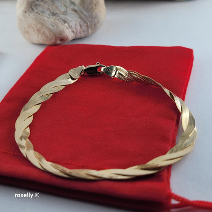 14K Solid Yellow Gold Twisted Herringbone Bracelet, Made in Italy