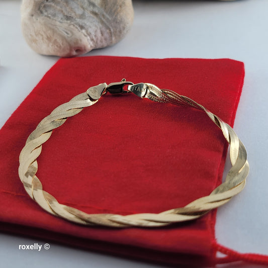14K Solid Yellow Gold Twisted Herringbone Bracelet, Made in Italy