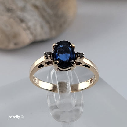10K Yellow Gold Blue Sapphire & Genuine Diamonds Ring Size 5 - Solid Gold