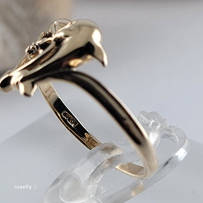 10K Yellow Gold Dolphin Heart Ring with Small Center Diamond – Size 6.25- Solid Gold