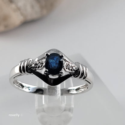 14K White Gold Sapphire & Genuine Diamonds Ring Size 7 - Solid Gold