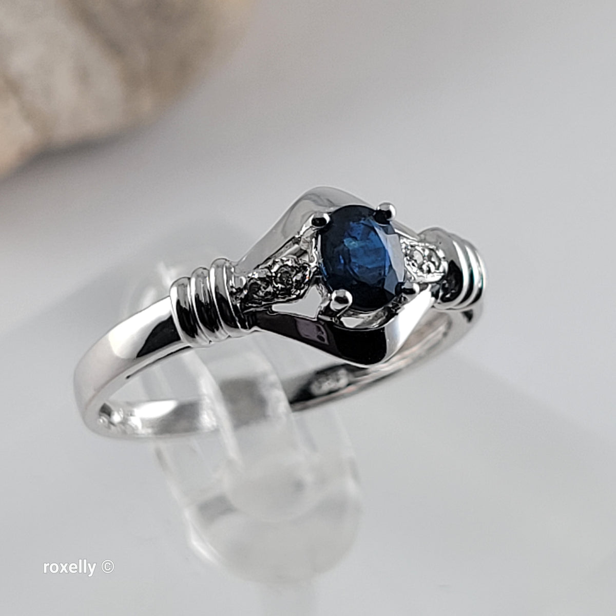 14K White Gold Sapphire & Genuine Diamonds Ring Size 7 - Solid Gold