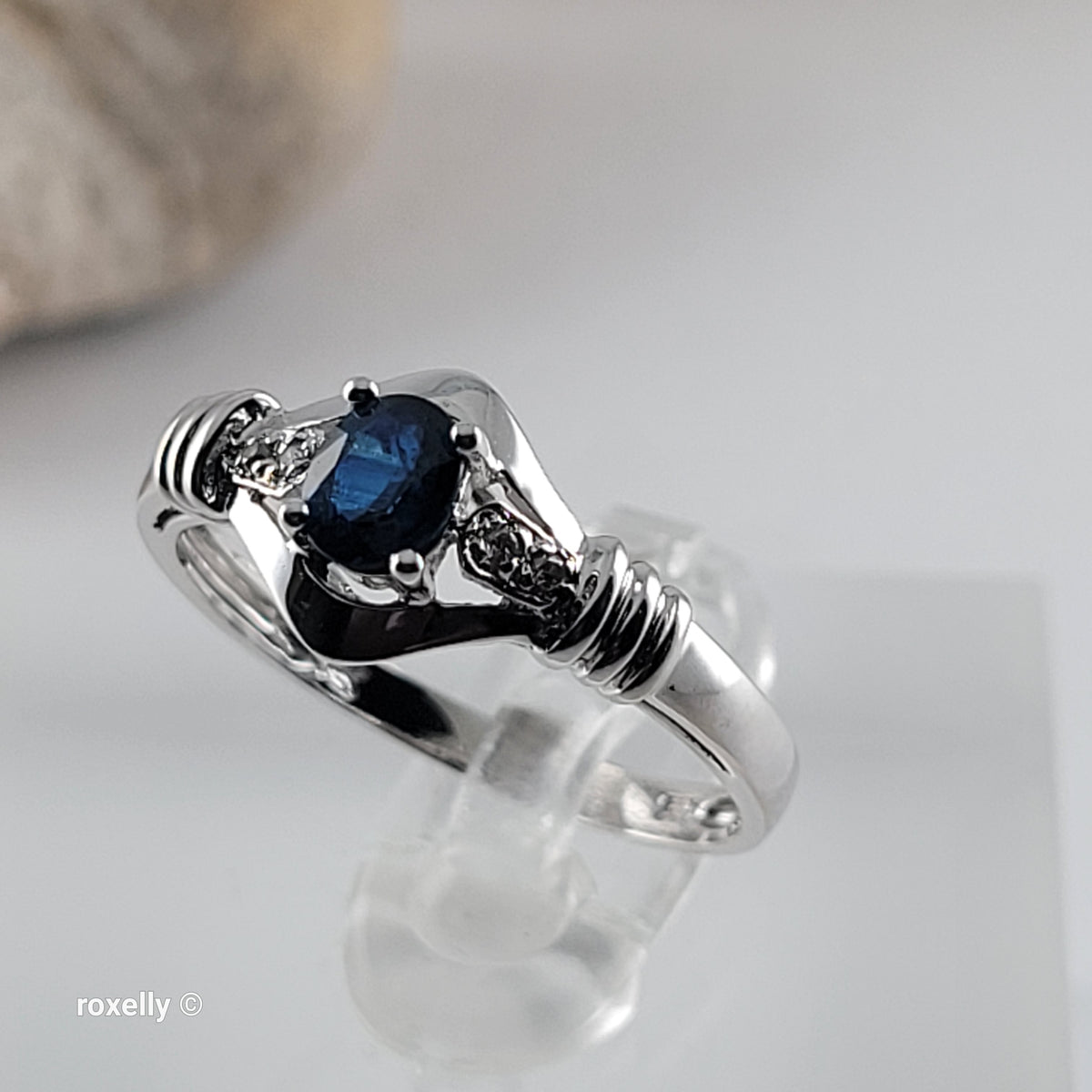 14K White Gold Sapphire & Genuine Diamonds Ring Size 7 - Solid Gold
