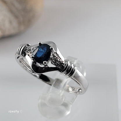 14K White Gold Sapphire & Genuine Diamonds Ring Size 7 - Solid Gold