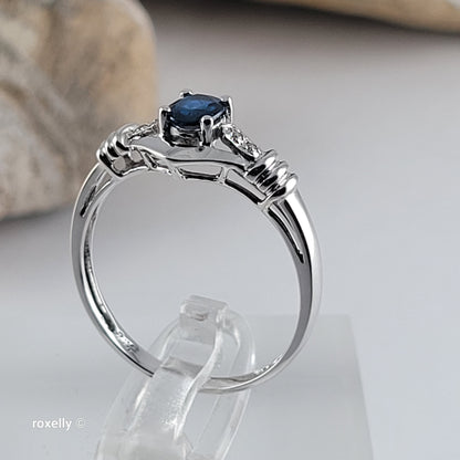 14K White Gold Sapphire & Genuine Diamonds Ring Size 7 - Solid Gold