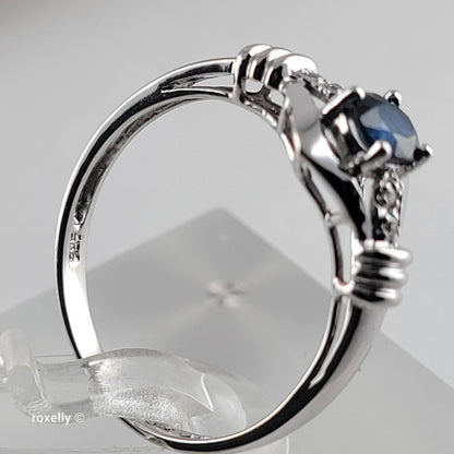 14K White Gold Sapphire & Genuine Diamonds Ring Size 7 - Solid Gold