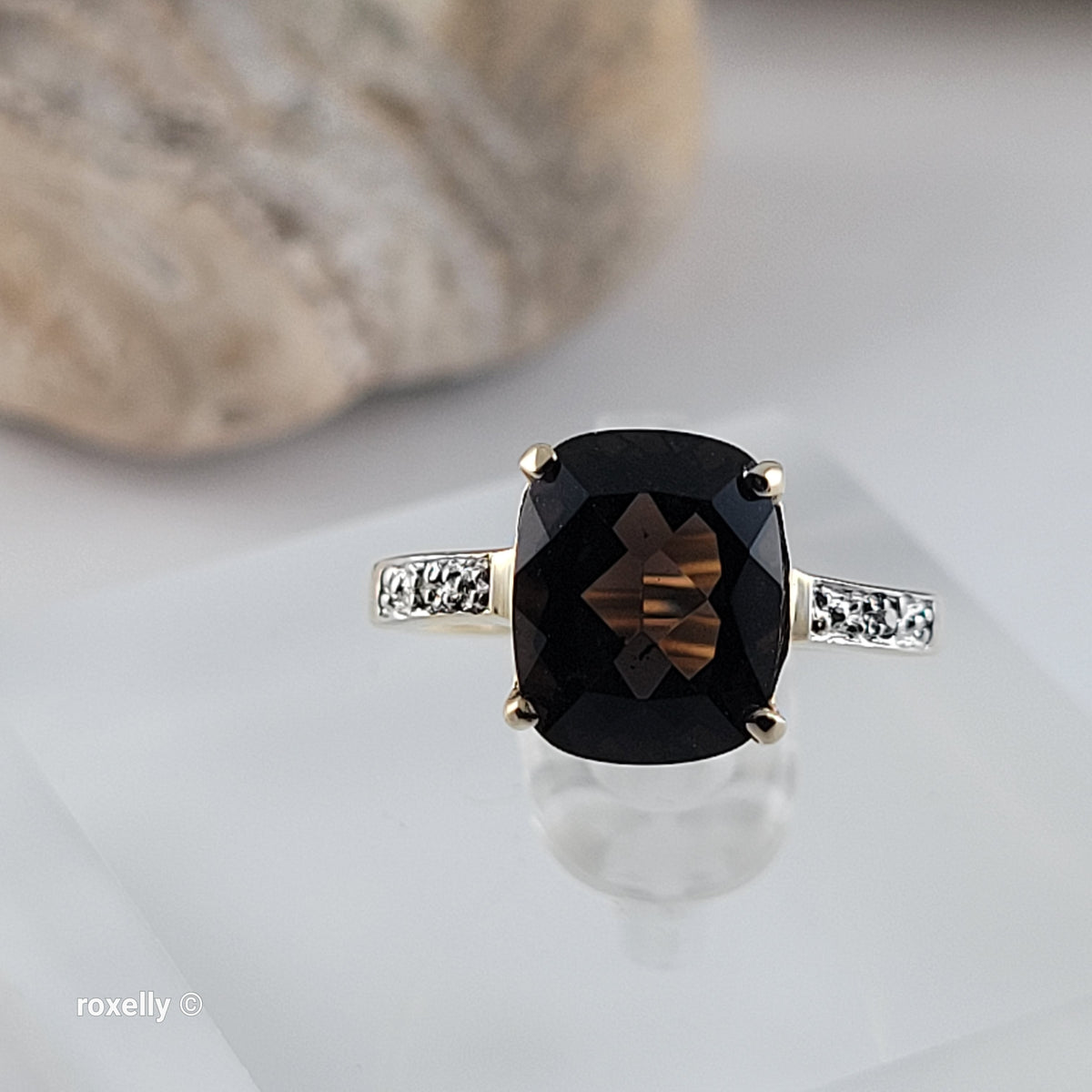 10K Yellow Gold Smoky Topaz and Genuine Diamonds Ring Size 6.75 - Solid Gold