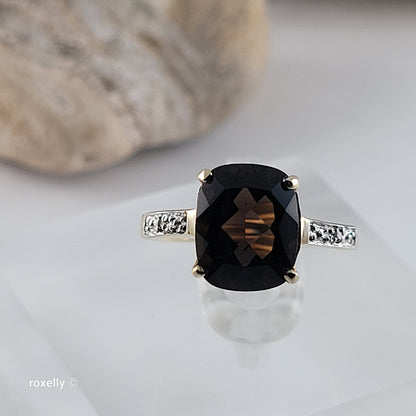 10K Yellow Gold Smoky Topaz and Genuine Diamonds Ring Size 6.75 - Solid Gold