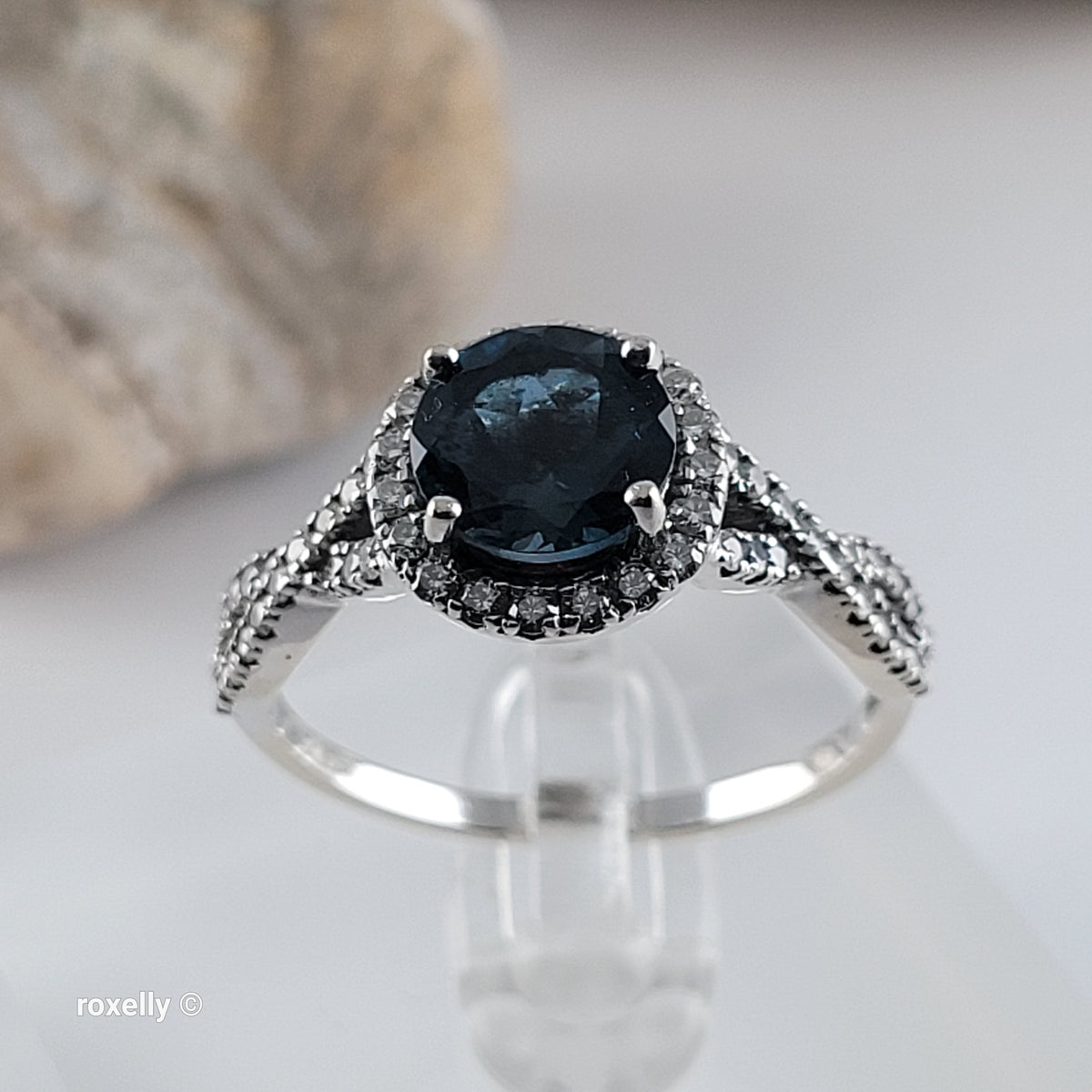 14K White Gold London Blue Topaz & Genuine Diamonds Ring Size 10.5 - Solid Gold