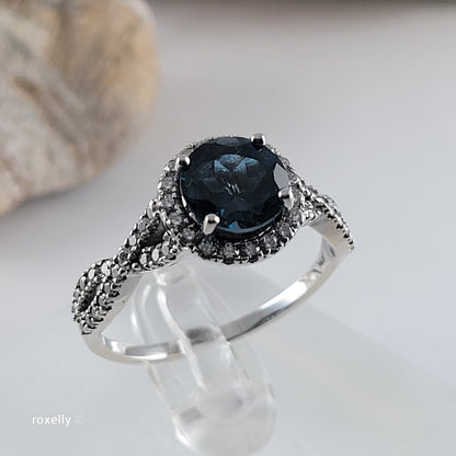 14K White Gold London Blue Topaz & Genuine Diamonds Ring Size 10.5 - Solid Gold
