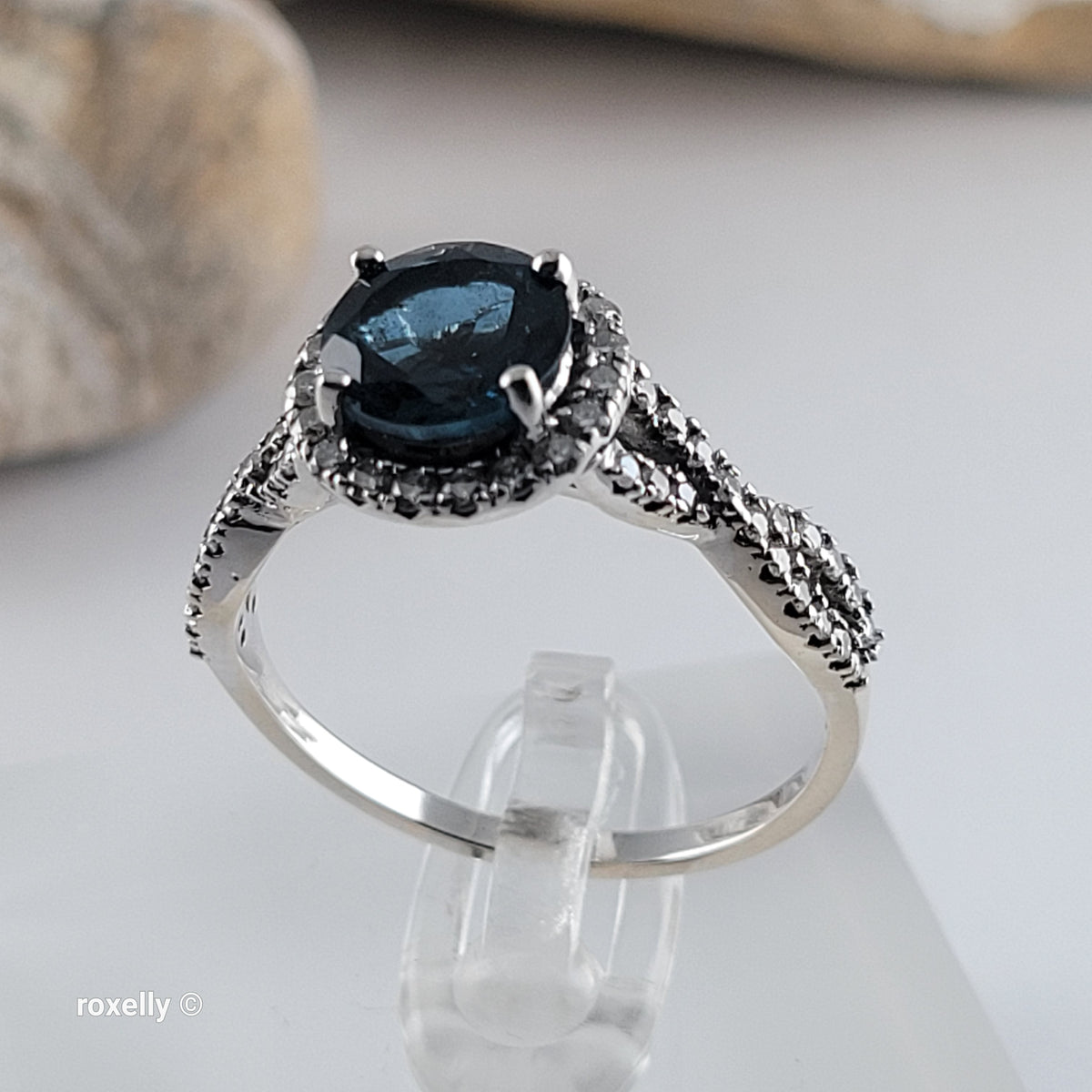 14K White Gold London Blue Topaz & Genuine Diamonds Ring Size 10.5 - Solid Gold