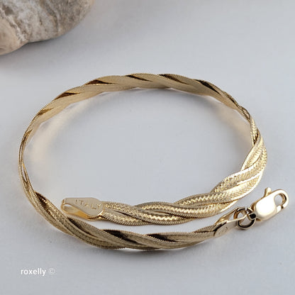 14K Solid Yellow Gold Twisted Herringbone Bracelet, Made in Italy