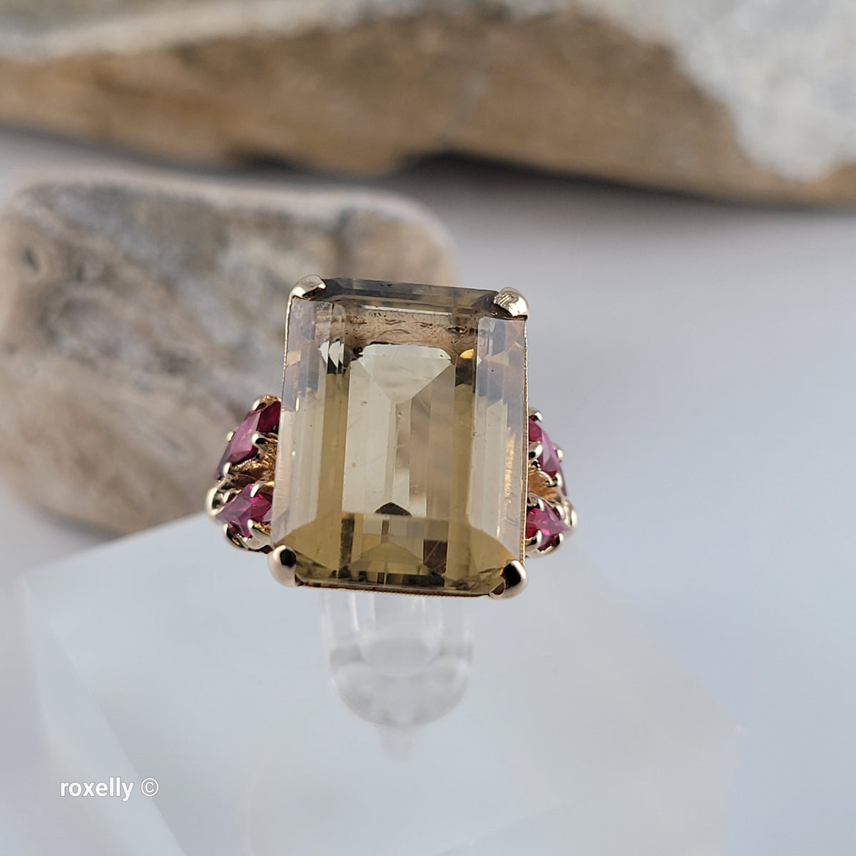 14K Yellow Gold Citrine Gemstone and Rubies Ring, Size 5 - Solid Gold