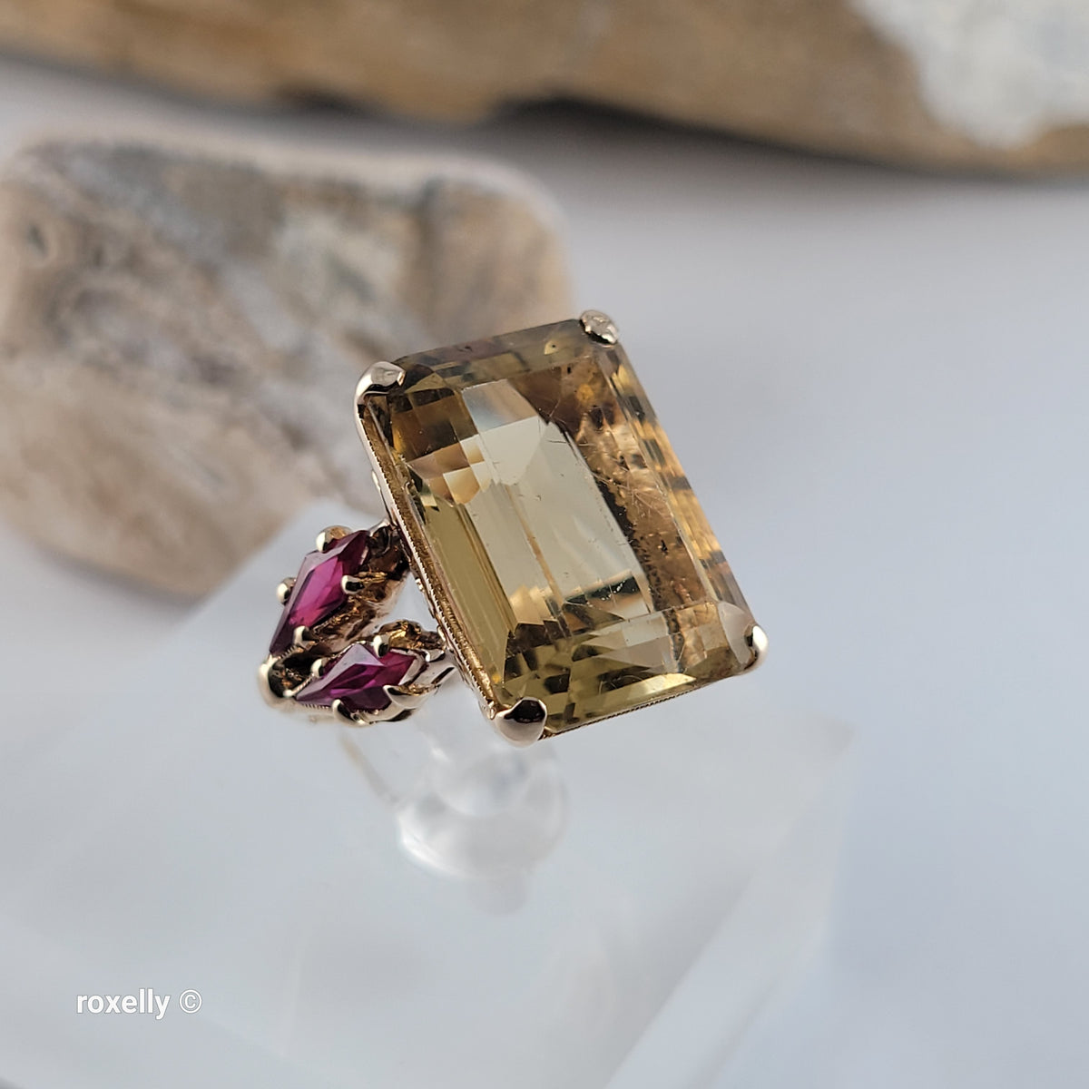 14K Yellow Gold Citrine Gemstone and Rubies Ring, Size 5 - Solid Gold