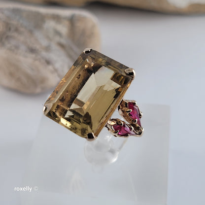 14K Yellow Gold Citrine Gemstone and Rubies Ring, Size 5 - Solid Gold