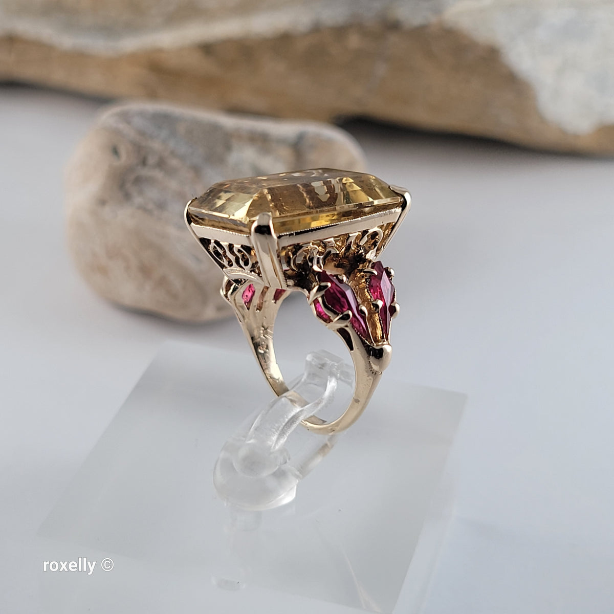 14K Yellow Gold Citrine Gemstone and Rubies Ring, Size 5 - Solid Gold