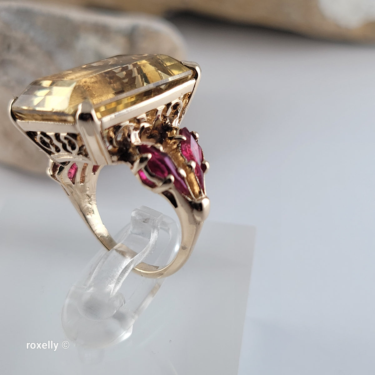 14K Yellow Gold Citrine Gemstone and Rubies Ring, Size 5 - Solid Gold