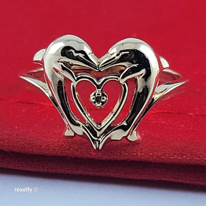 10K Yellow Gold Dolphin Heart Ring with Small Center Diamond – Size 6.25- Solid Gold