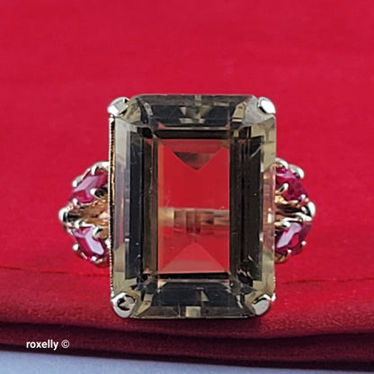14K Yellow Gold Citrine Gemstone and Rubies Ring, Size 5 - Solid Gold