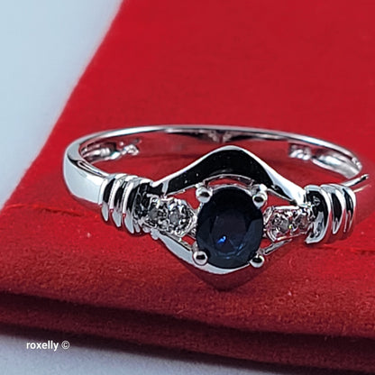 14K White Gold Sapphire & Genuine Diamonds Ring Size 7 - Solid Gold