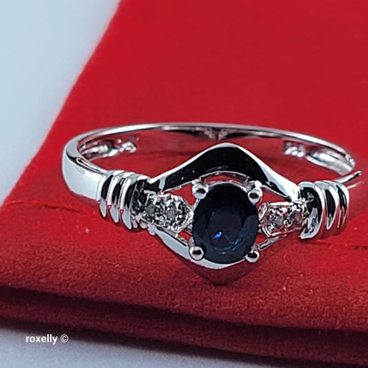 14K White Gold Sapphire & Genuine Diamonds Ring Size 7 - Solid Gold