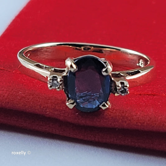 10K Yellow Gold Blue Sapphire & Genuine Diamonds Ring Size 5 - Solid Gold