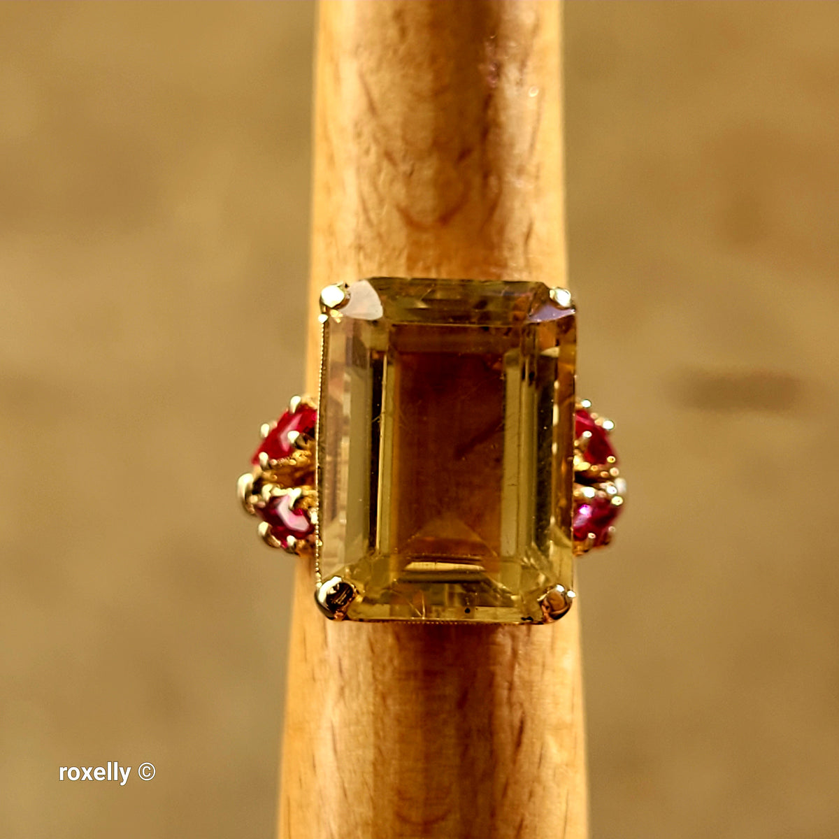 14K Yellow Gold Citrine Gemstone and Rubies Ring, Size 5 - Solid Gold