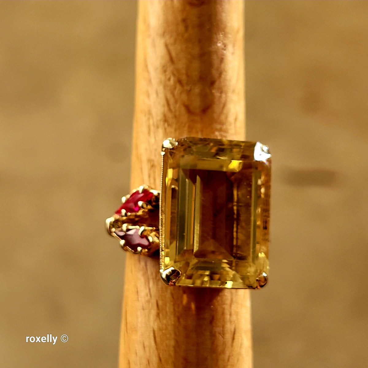 14K Yellow Gold Citrine Gemstone and Rubies Ring, Size 5 - Solid Gold