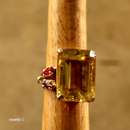 14K Yellow Gold Citrine Gemstone and Rubies Ring, Size 5 - Solid Gold