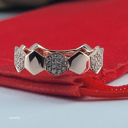 14K Rose Gold Genuine Diamonds Hexagon Band Ring Size 6.25 - Solid Gold