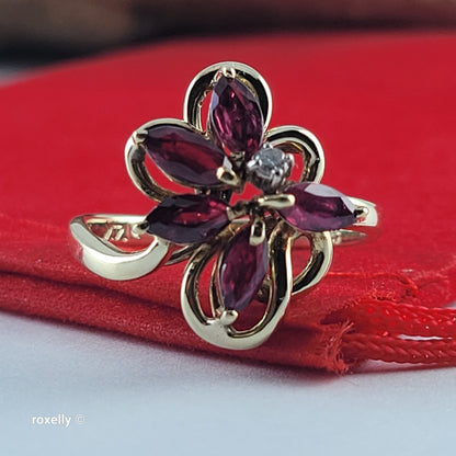 14K Yellow Gold Rubies and Diamond Flower-Shaped Ring Size 6.5 - Solid Gold