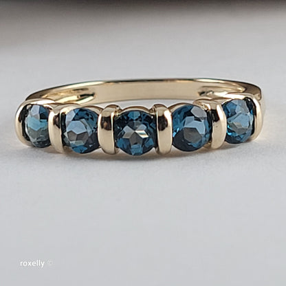 14K Yellow Gold London Blue Topaz Band Ring Size 8 - Solid Gold