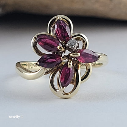 14K Yellow Gold Rubies and Diamond Flower-Shaped Ring Size 6.5 - Solid Gold
