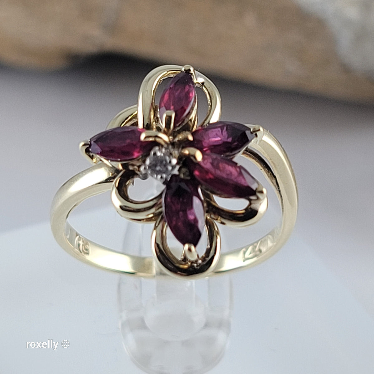 14K Yellow Gold Rubies and Diamond Flower-Shaped Ring Size 6.5 - Solid Gold