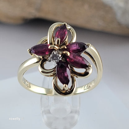 14K Yellow Gold Rubies and Diamond Flower-Shaped Ring Size 6.5 - Solid Gold