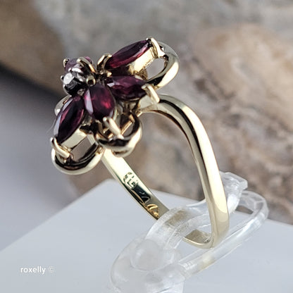 14K Yellow Gold Rubies and Diamond Flower-Shaped Ring Size 6.5 - Solid Gold